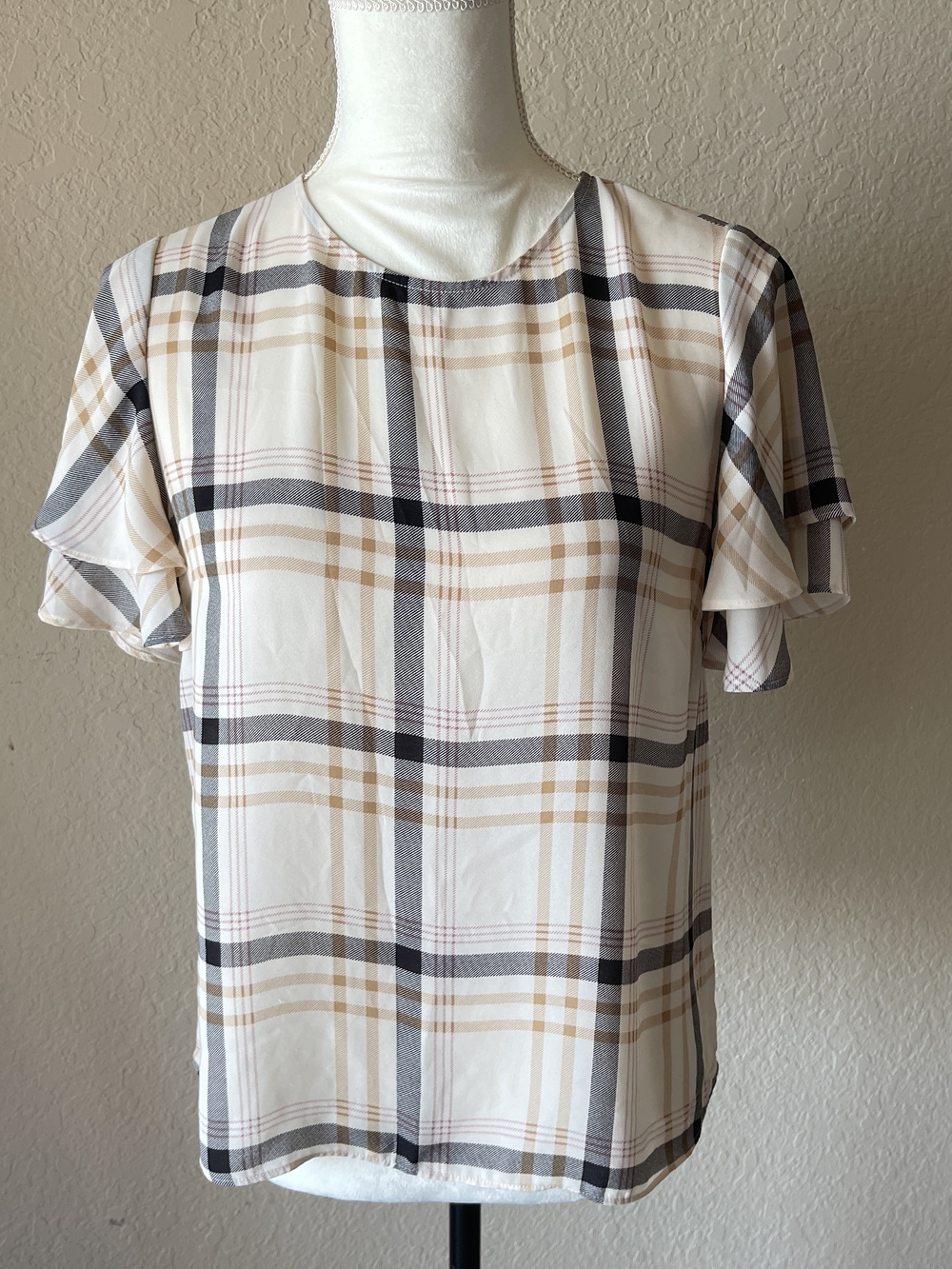 Ann Taylor Factory Cream Plaid Blouse with Black & Taupe Accents